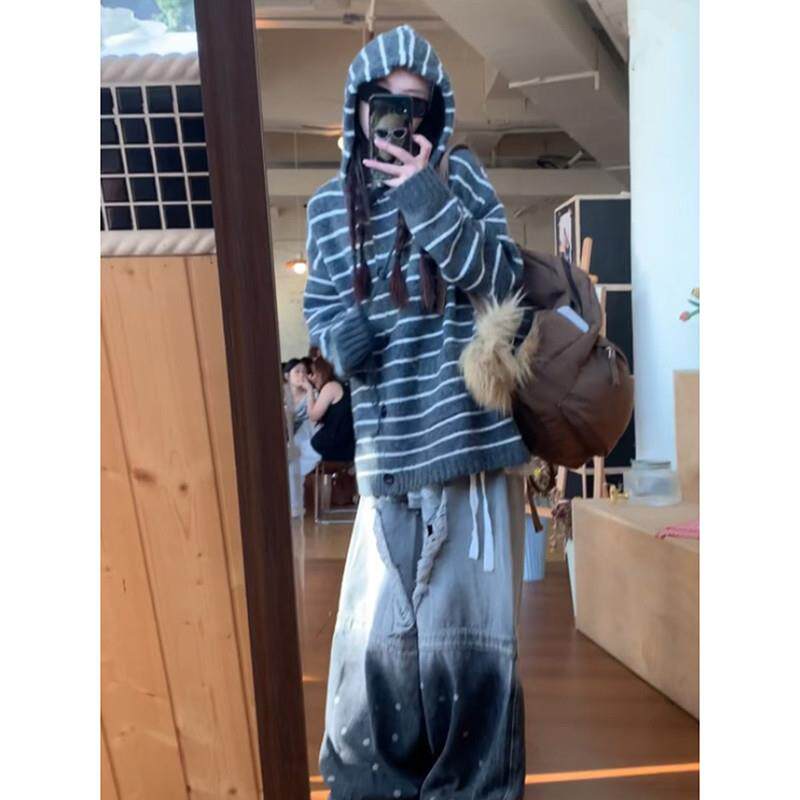 新品慵懒老钱风撞色条纹连帽毛衣外套女秋冬季中长款宽松加厚针织