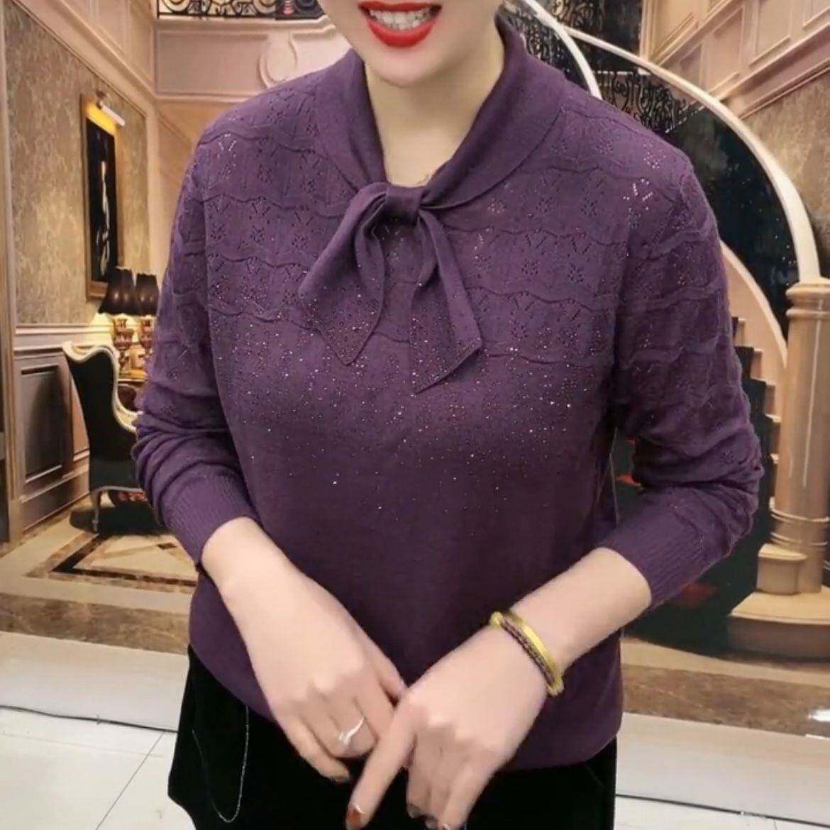 推荐时尚洋气蝴蝶结上衣女2026秋季新款长袖烫钻减龄妈妈装针织打