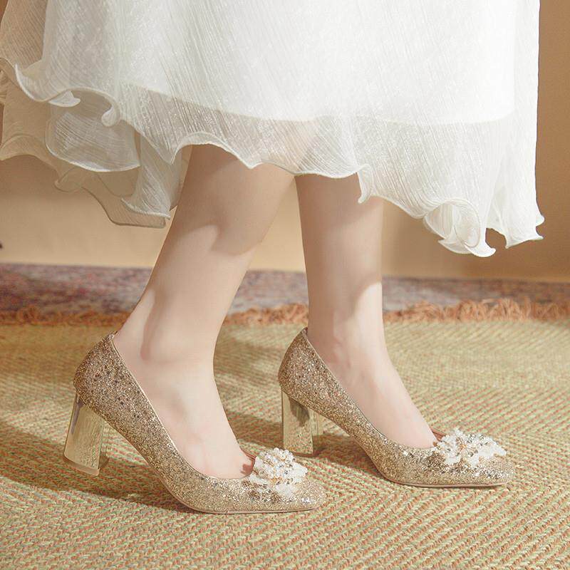 新品高跟鞋法式粗跟水钻秀禾主婚纱两穿新娘鞋高级感订婚日常配裙