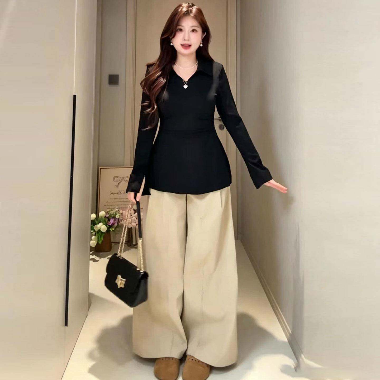 推荐大码辣妹风polo领长袖T恤女秋季胖mm灰色掐腰显瘦设计感百搭