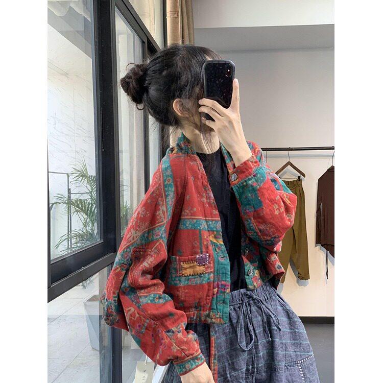 推荐民族风复古印花不规则汉服开衫秋冬百搭宽松蝙蝠袖夹棉保暖短