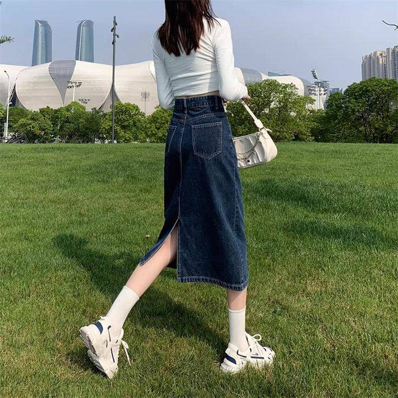 推荐深蓝色开叉牛仔半身裙女2026春秋新款小个子中长款显瘦a字包