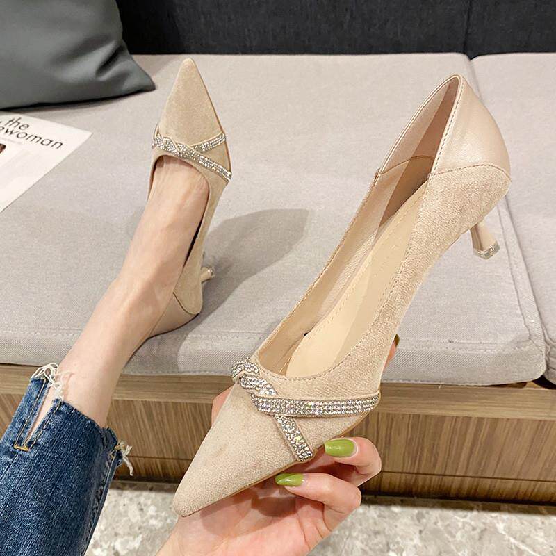 新品法式小高跟鞋女职业黑色2026年新款细跟浅口水钻尖头低跟单鞋