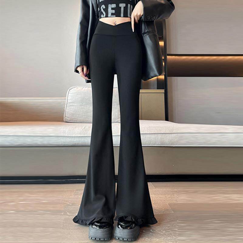 新品V字腰喇叭裤女高腰显瘦木耳边西装裤高级感垂感黑色微喇裤马