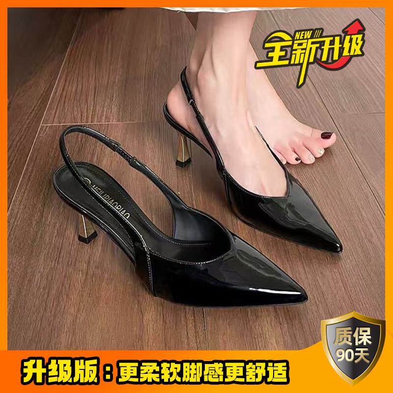 新品法式绝美凉鞋女夏季高跟包头小猫跟气质尖头半拖外穿细跟黑色