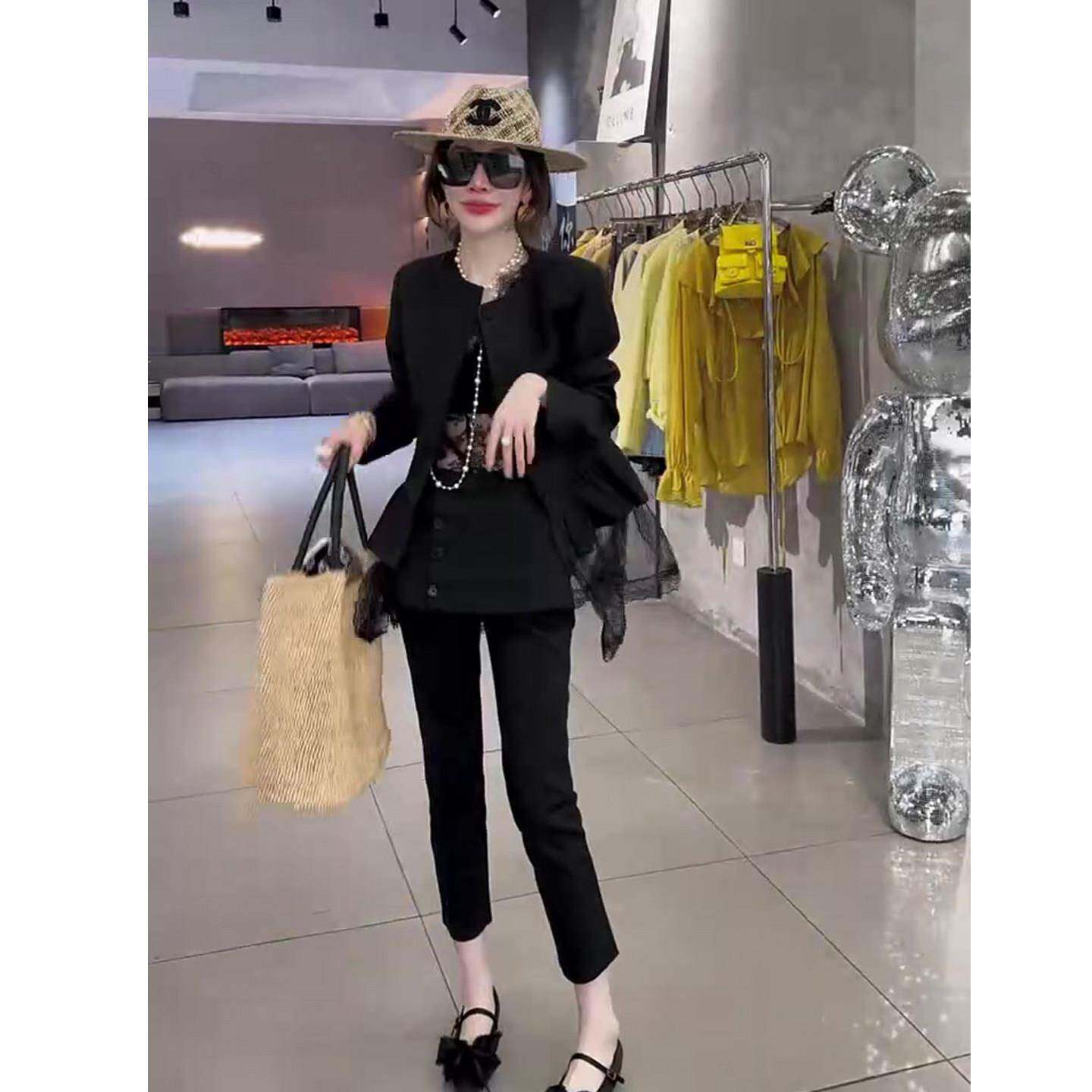 推荐轻熟风西服时尚套装女2026春季新款蕾丝拼西服外套+小脚裤两