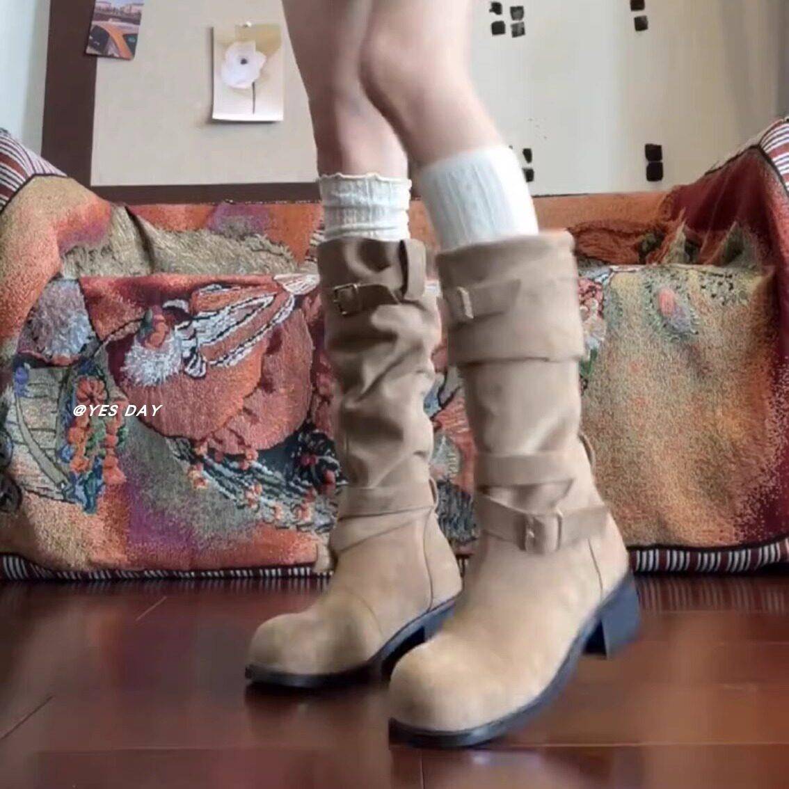 推荐美拉德复古百搭显瘦不过膝厚底长靴女2025秋季新款堆堆粗跟骑
