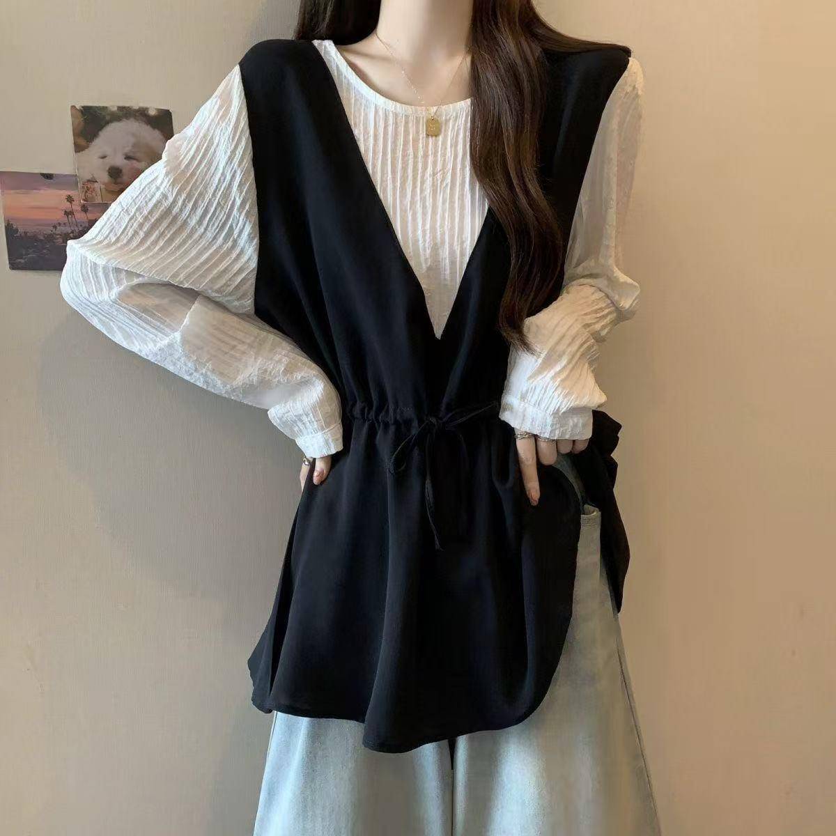 推荐减龄洋气衬衫女宽松遮肉慵懒风撞色假两件长袖女装2026年秋季