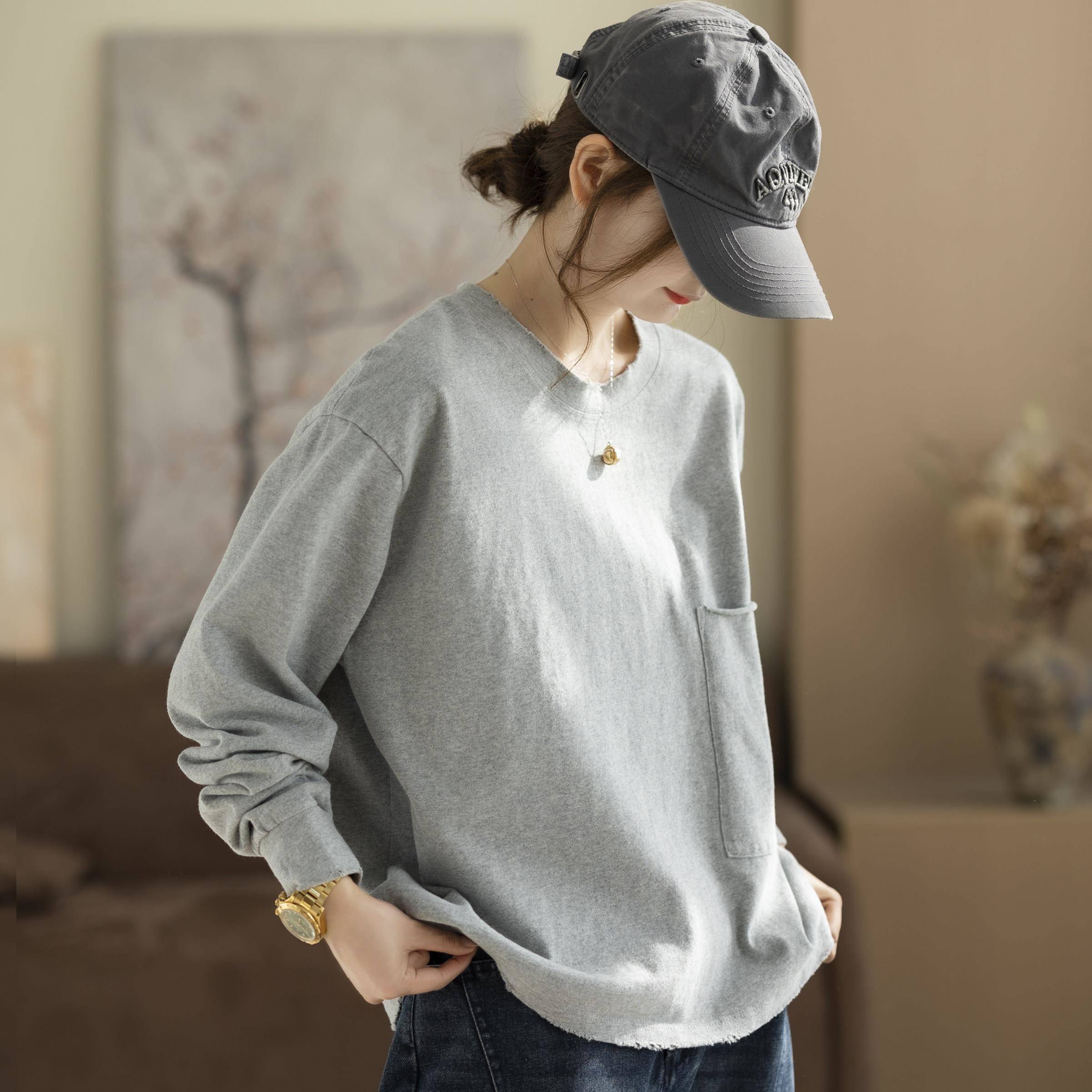 推荐咖咪羽棉质磨毛品质宽松大口袋纯色短款做旧T恤女新款慵懒感