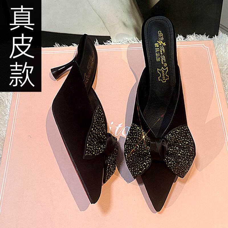 新品韩版蝴蝶结凉拖鞋女夏天时尚外穿水钻高跟鞋尖头真皮细跟包头