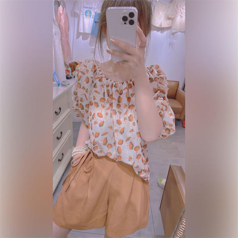 推荐印花法式泡泡袖衬衫上衣套装春季新款女装韩版高腰休闲阔腿短