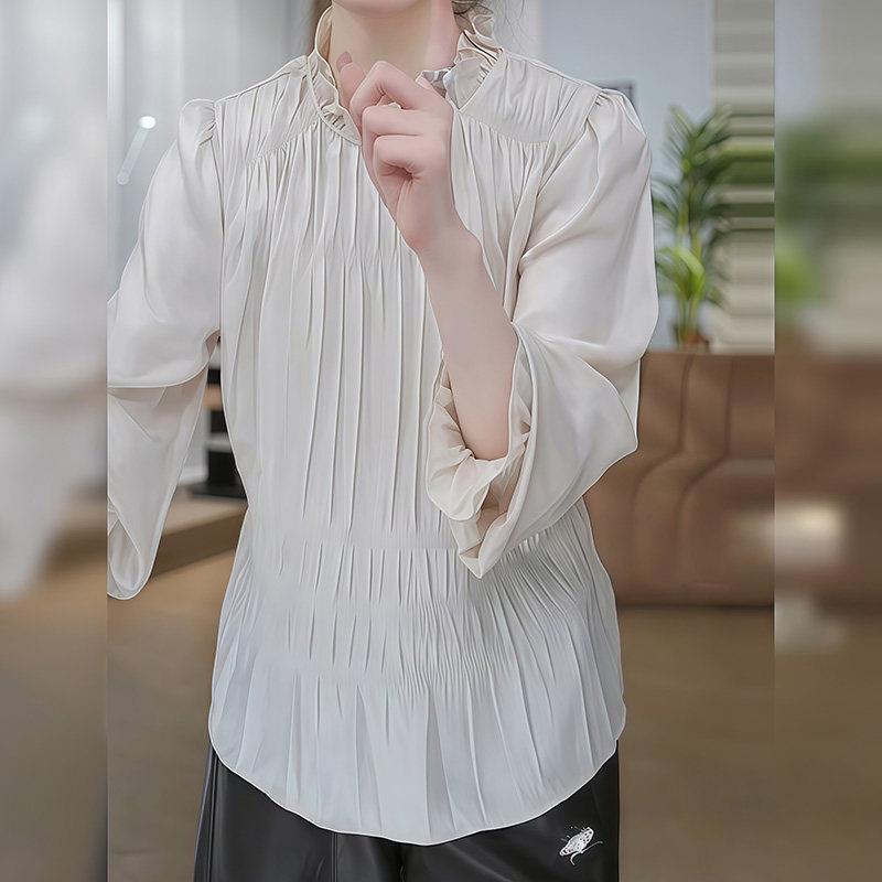推荐通勤风立领花边衬衫女春季褶皱设计感法式气质长袖套头别致上