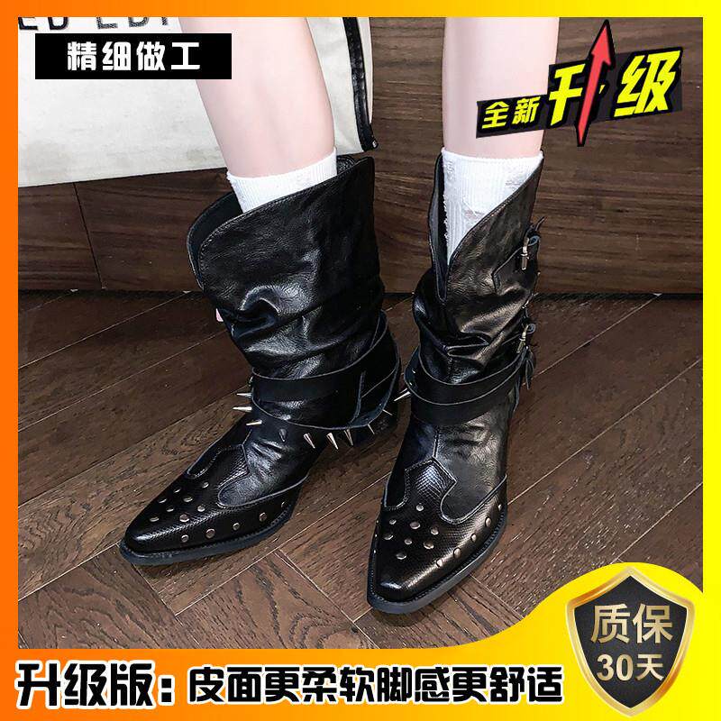 新品黑色褶皱西部牛仔短靴女2026新款春秋单靴V口铆钉尖头粗跟马