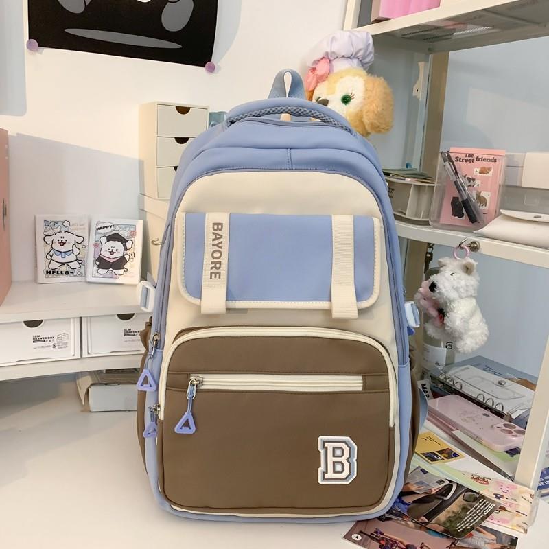 新品书包女韩版小学生3--6年级拼色背包日系百搭初中生高中生双肩