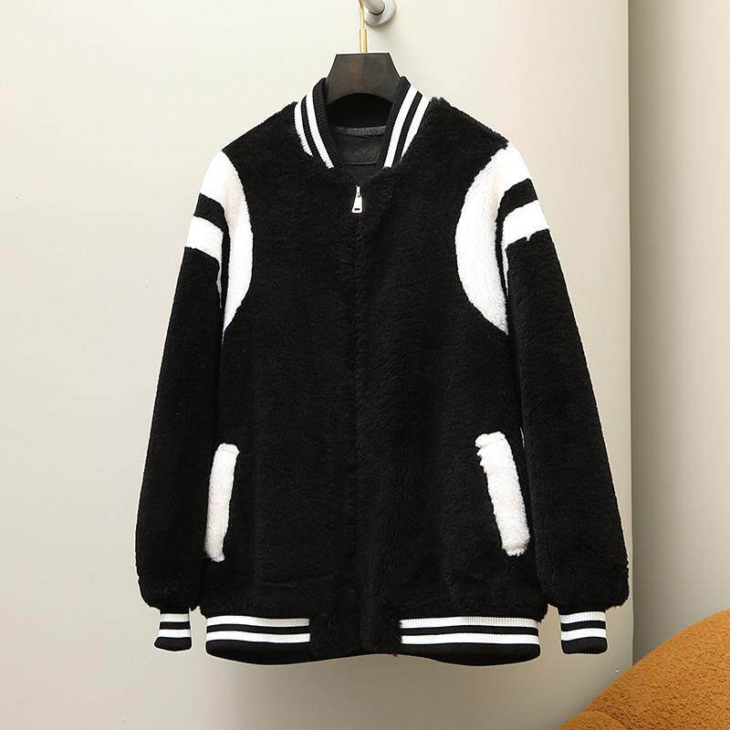 新品棒球服皮毛一体外套女2022款羊羔毛拼色短款羊剪绒大衣宽松皮