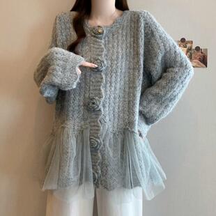 新品紫色立体花朵针织开衫毛衣外套女春秋大码胖mm设计感网纱拼接