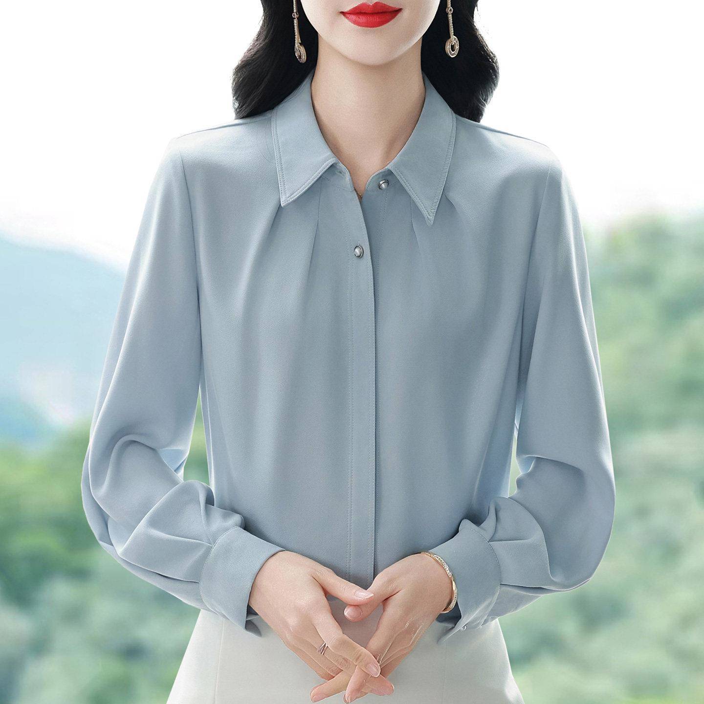 推荐法式时尚翻领长袖雪纺衬衫女士秋装新款百搭气质衬衣通勤职业