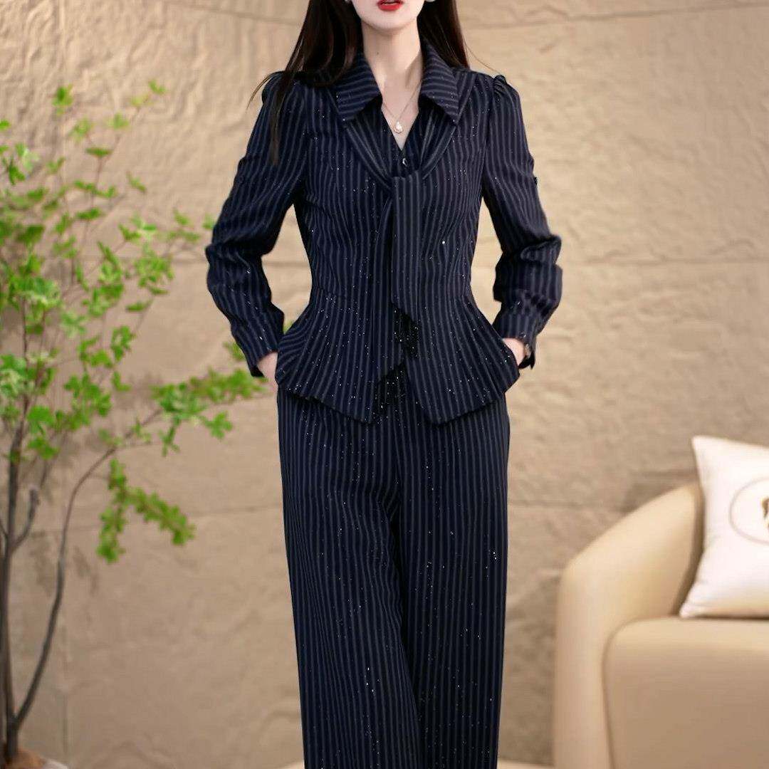 推荐秋季时尚条纹套装女2026年新款妈妈装遮肚子修身显瘦阔腿裤两
