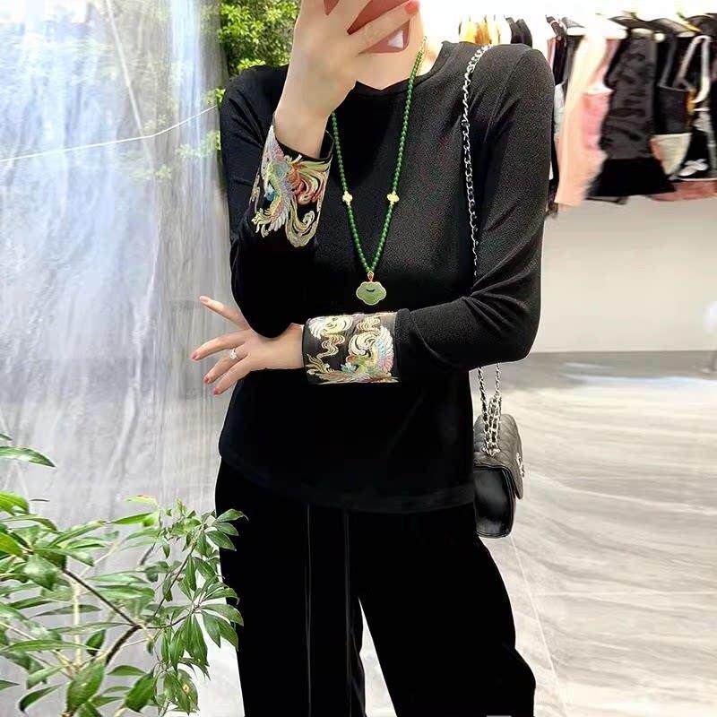 推荐袖口刺绣打底衫女新中式国风T恤配马甲的内搭长袖弹力修身上
