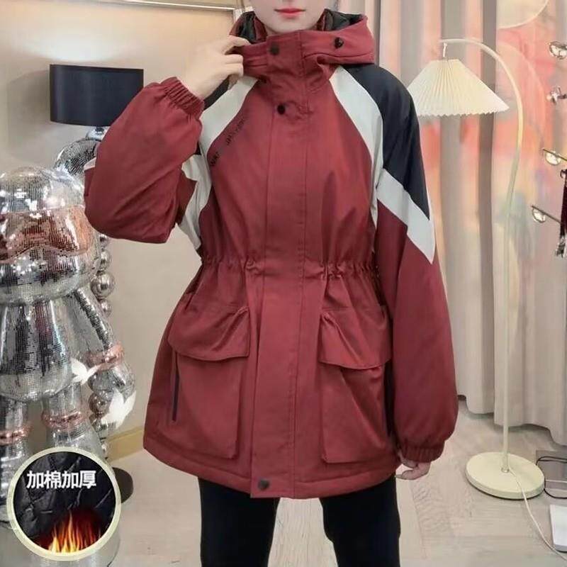 新品大码秋冬季夹棉冲锋衣外套女2025新款胖MM韩版宽松收腰派克服