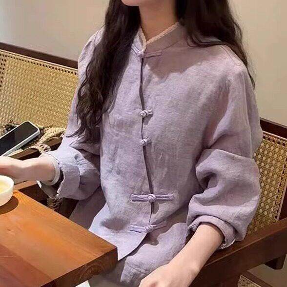 推荐新中式轻国风紫色盘扣立领亚麻衬衫高级小众不撞款上衣2026春