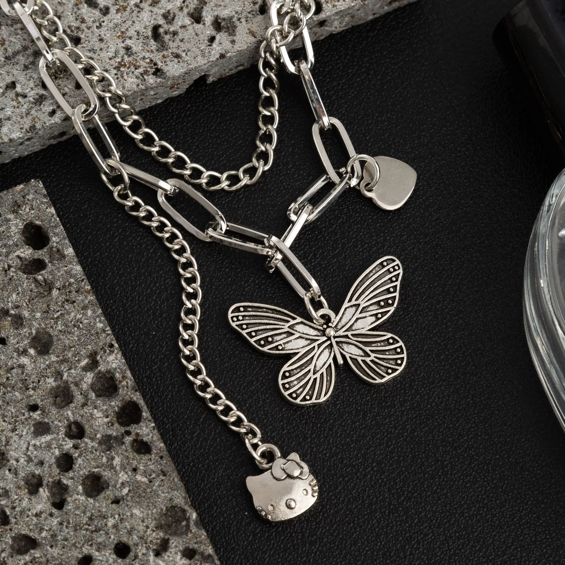 双层叠戴猫咪项链女ins风嘻哈潮酷辣妹卫衣链个性小众毛衣链