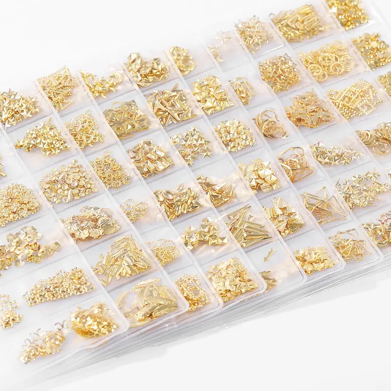 新款美甲星月铆钉饰品日系镂空金属框贴片指甲装饰6格袋装