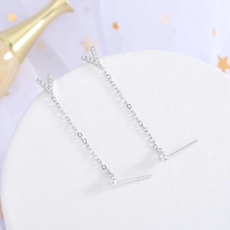 925银韩版镶钻锆石v字耳钉气质个性双耳洞连体耳环女一件