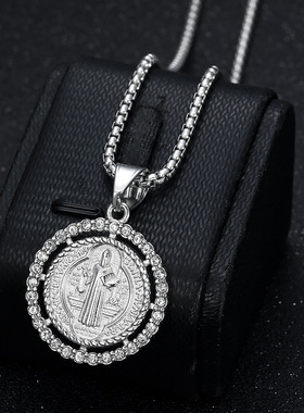 欧美爆款嘻哈不锈钢镀金镶钻神父圣本笃 驱魔人吊坠项链
