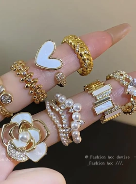 镀金花朵锆石珍珠戒指女2024年新款爆款食指戒轻奢高级感手饰