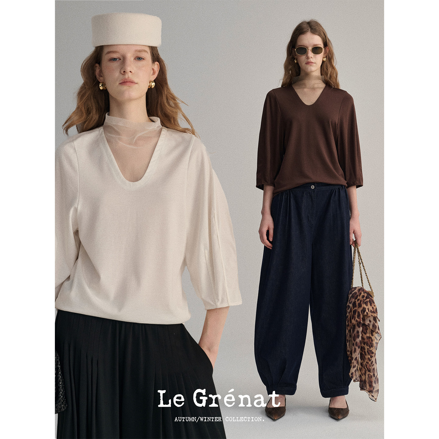 Le Grenat早秋女网纱拼接 V领T恤莱赛尔绵羊毛混纺中袖气质上衣