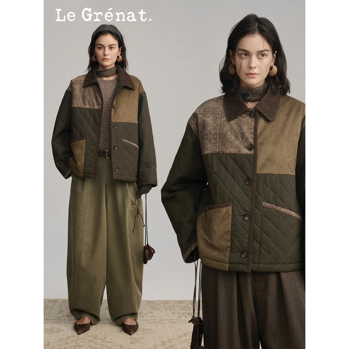 Le Grenat冬季女复古设计感波嬉风图案拼接仿麂皮棉服翻领外套,女装/女士精品,棉衣/棉服,淘宝优惠券,粉丝福利购,淘宝优惠卷