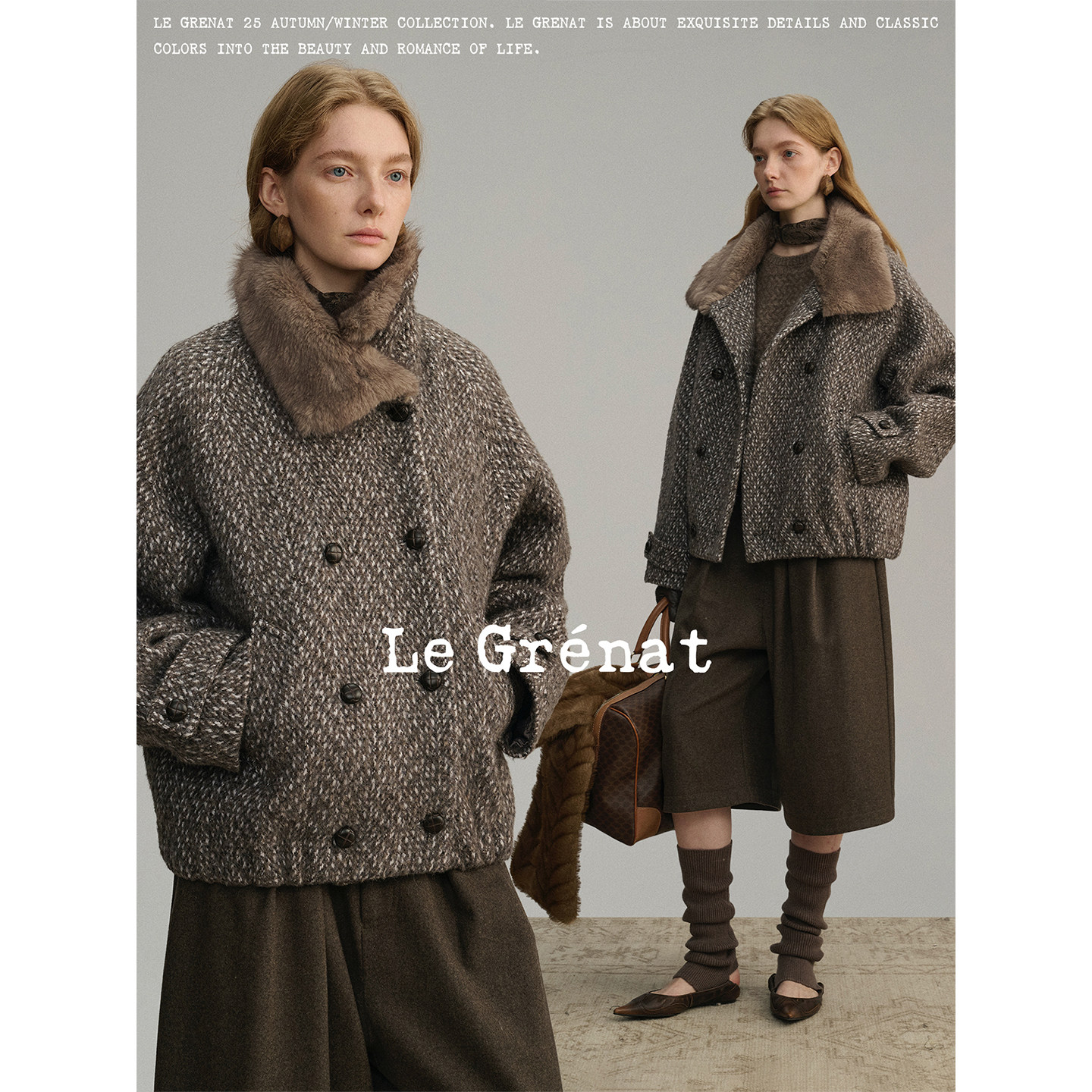 Le Grenat冬季女羊毛混纺复古花呢环保皮草毛领夹棉短款大衣外套