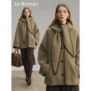 Le Grenat羊驼羊毛混纺立领带帽贝壳绣双面呢中长款大衣外套