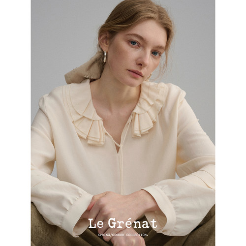 Le Grenat春夏女设计感对丝荷叶领莱赛尔衬衫