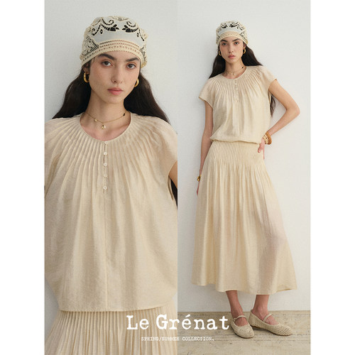 Le Grenat春夏女老钱风亚麻混纺塔克褶圆领上衣衬衫+长款半身裙