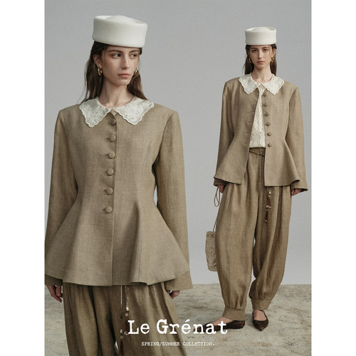 Le Grenat春夏女老钱风亚麻多分割收腰圆领A摆长袖短款外套
