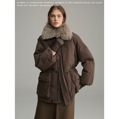 Le Grenat冬季女老钱风白鸭绒可拆卸羊毛毛领中长款羽绒服派克服