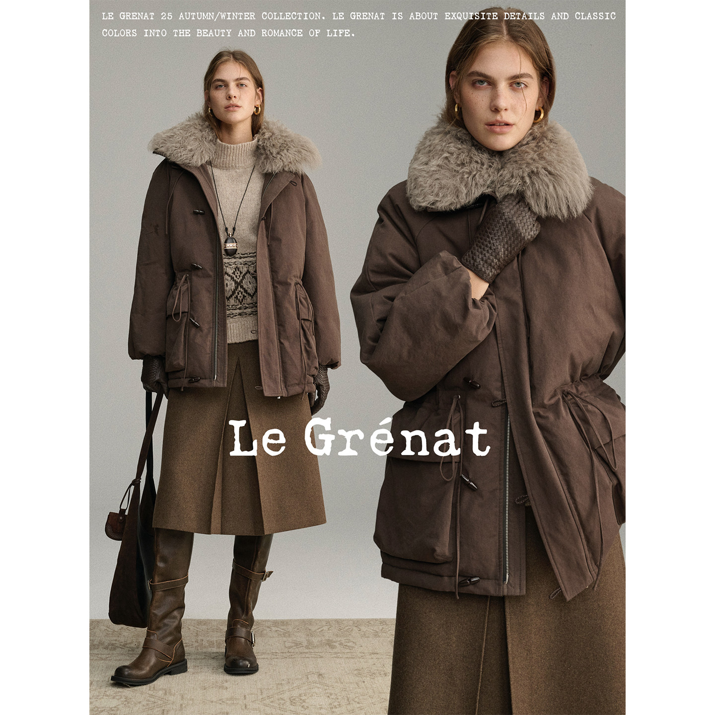 Le Grenat冬季女老钱风白鸭绒可拆卸羊毛毛领中长款羽绒服派克服