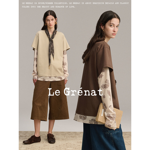 T恤 Grenat秋冬女设计感老钱风拼接假两件腰果花印花针织长袖