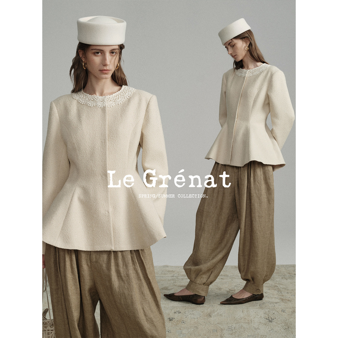 Le Grenat春夏女设计感手工钩针蕾丝装饰圆领收腰A摆长袖短款外套