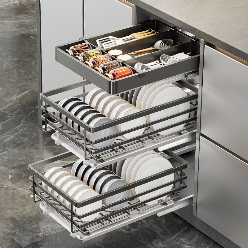 不锈钢小尺寸抽屉式双层厨房橱柜碗A篮窄柜400/500柜体调味品拉篮