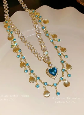 蓝色爱心锆石贝壳双层项链复古宫廷风锁骨链轻奢高级感饰品女