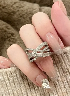 镶钻锆石交叉开口戒指韩国轻奢氛围感食指时级感百搭手饰