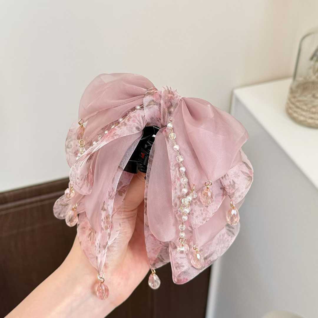 雪纺蝴蝶结碎花发夹抓夹女感精致发饰头饰发卡夹子小号发抓