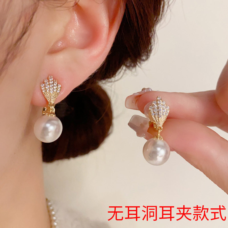 韩式精致小巧微镶锆石树叶珍珠无耳洞耳夹女时尚轻奢优雅银针耳环