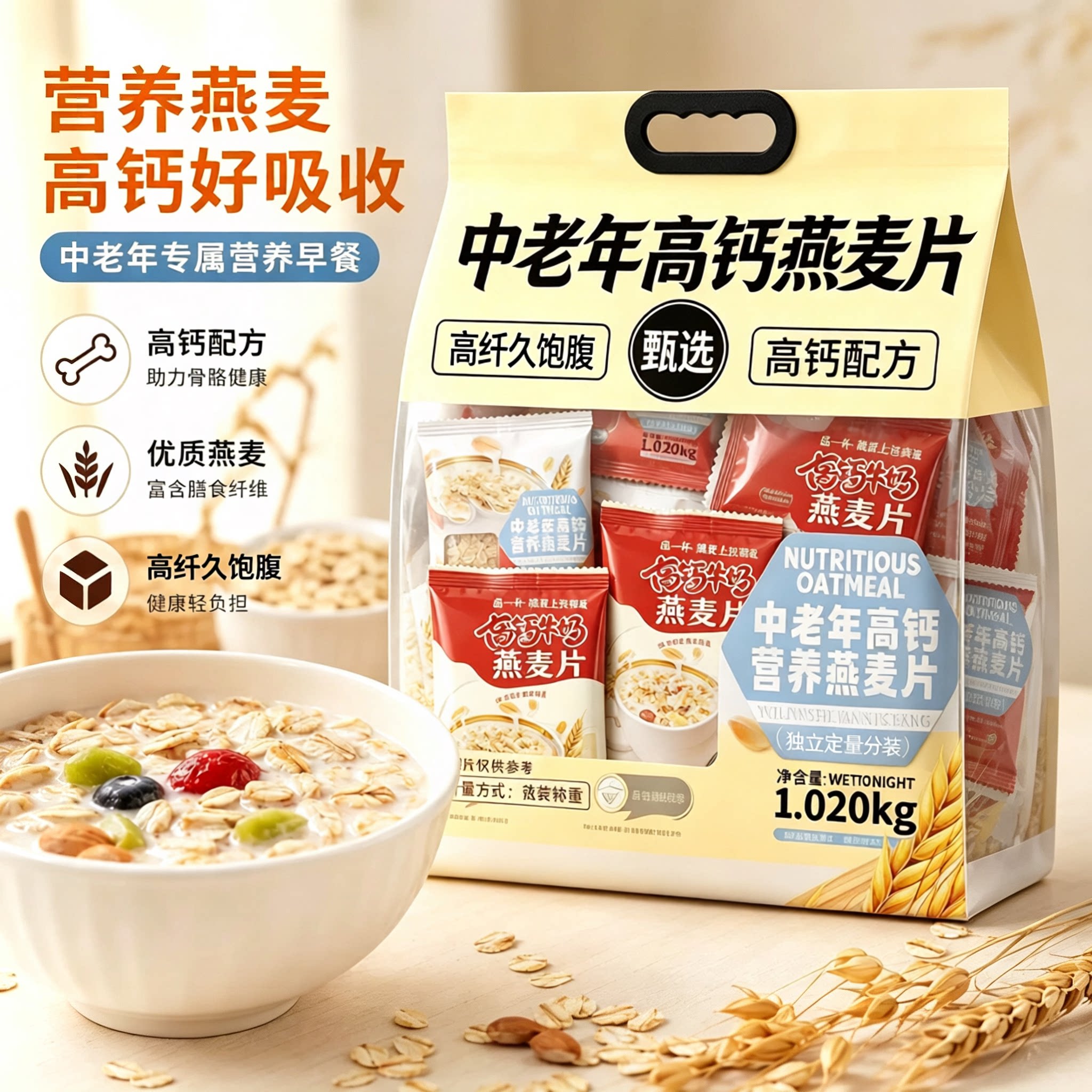 中老年人高钙燕麦片营养官方正品旗舰店原味学生开袋即食冲泡早餐