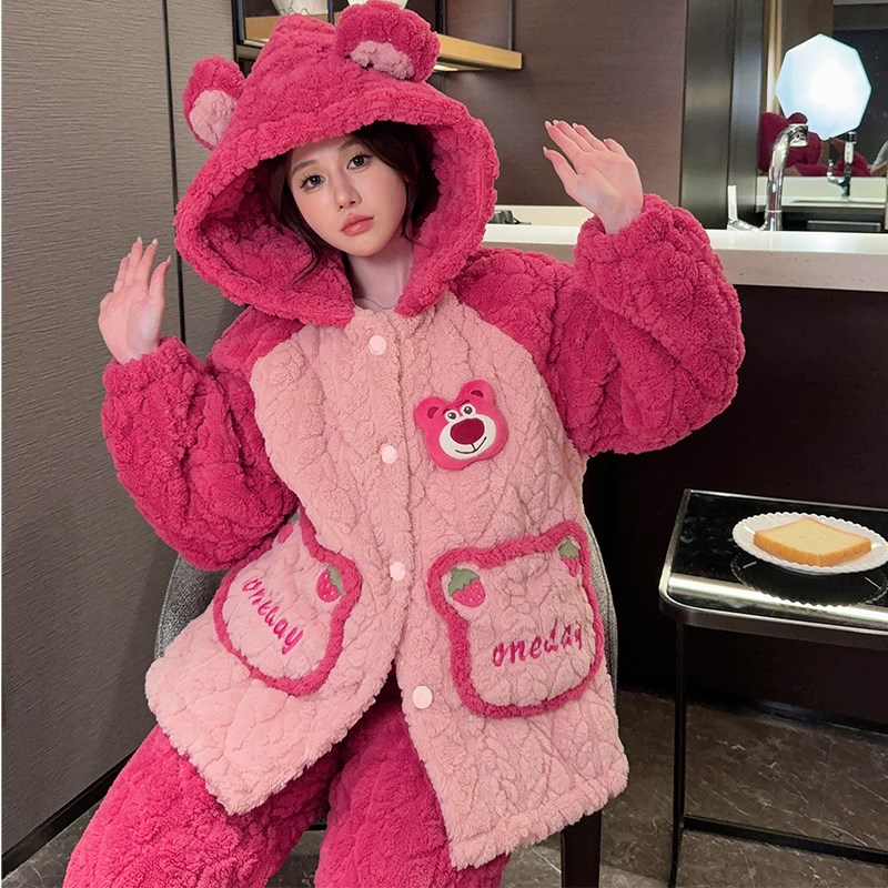 珊瑚绒三层夹棉睡衣女冬季加绒加厚大码200斤可爱卡通连帽家居服
