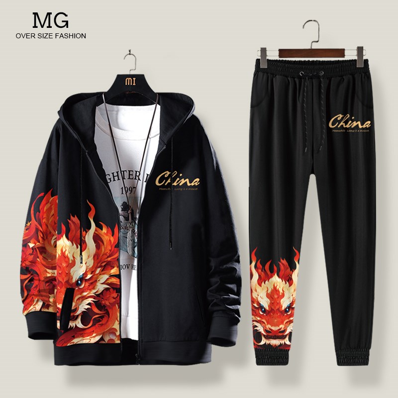 加绒卫衣男款龙年本命年衣服国风红色套装大码加厚外套休闲连帽衫