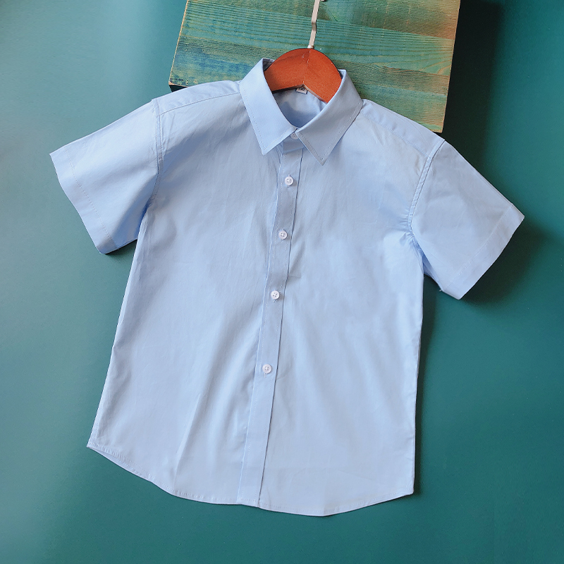 男童短袖白衬衫纯棉尖领袋儿童表演服夏季中大童学生校服蓝色衬衣